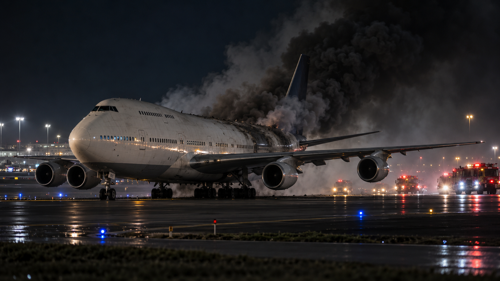 Ilustrasi Saudia Flight 163 berhenti di taxiway dalam kondisi berasap