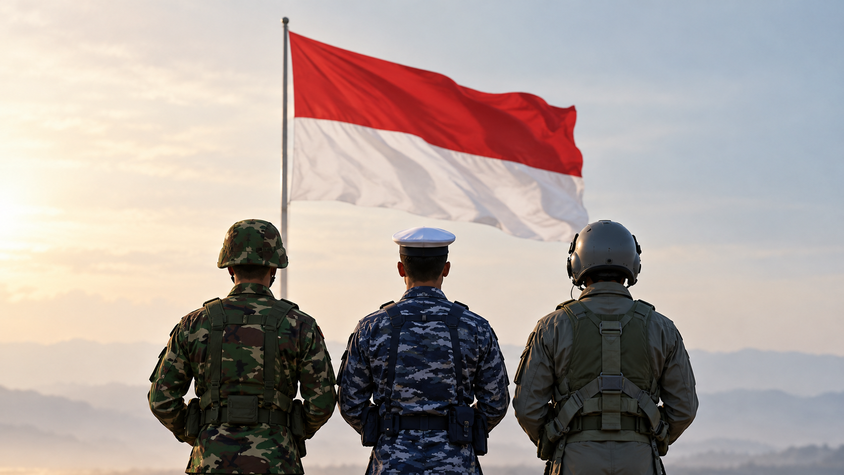 Ilustrasi simbolis tiga prajurit dan bendera Indonesia untuk artikel kenangan tentang Widodo AS